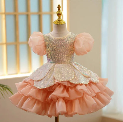 Girls' orange sequin princess dress with puff sleeves, shown in seven height options from 100cm to 160cm