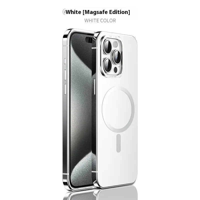 Magnetic suction iPhone case in Desert Gold with stainless steel and acrylic half-pack design and laser finish.