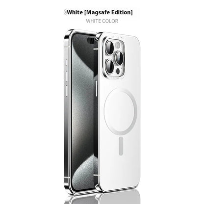 Magnetic suction iPhone case in Desert Gold with stainless steel and acrylic half-pack design and laser finish.