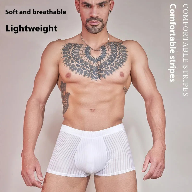 Men's striped underwear in black, white, or dark grey with thin nylon fabric and free size fit
