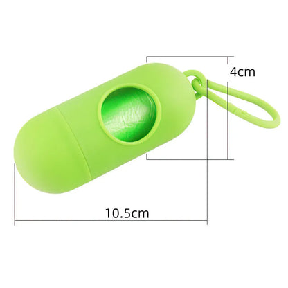Dog poop bags holder with hook in various colours, showing Velcro fastening and compact 10cm size