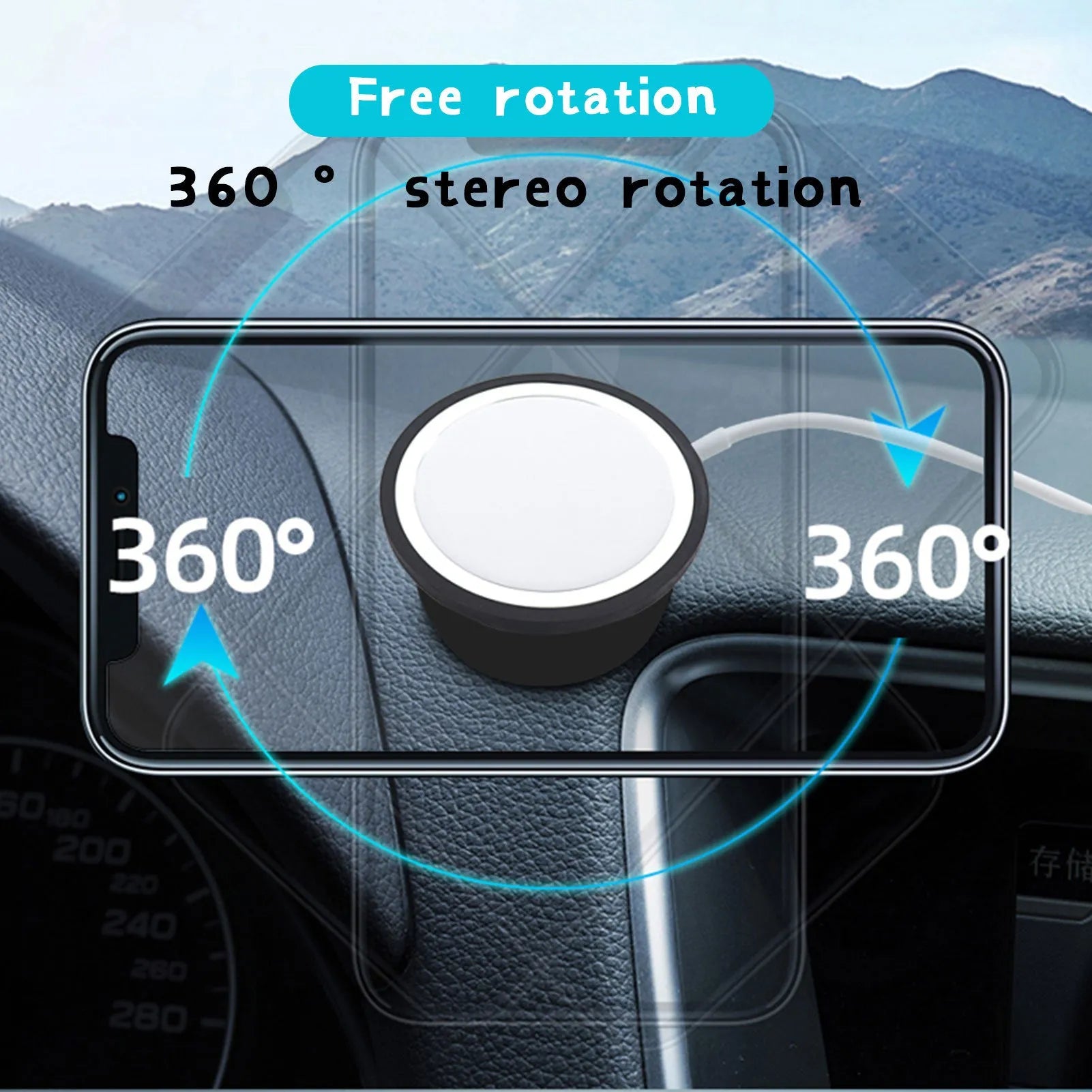 Black magnetic car phone holder showing both air vent mount and base dashboard mount options
