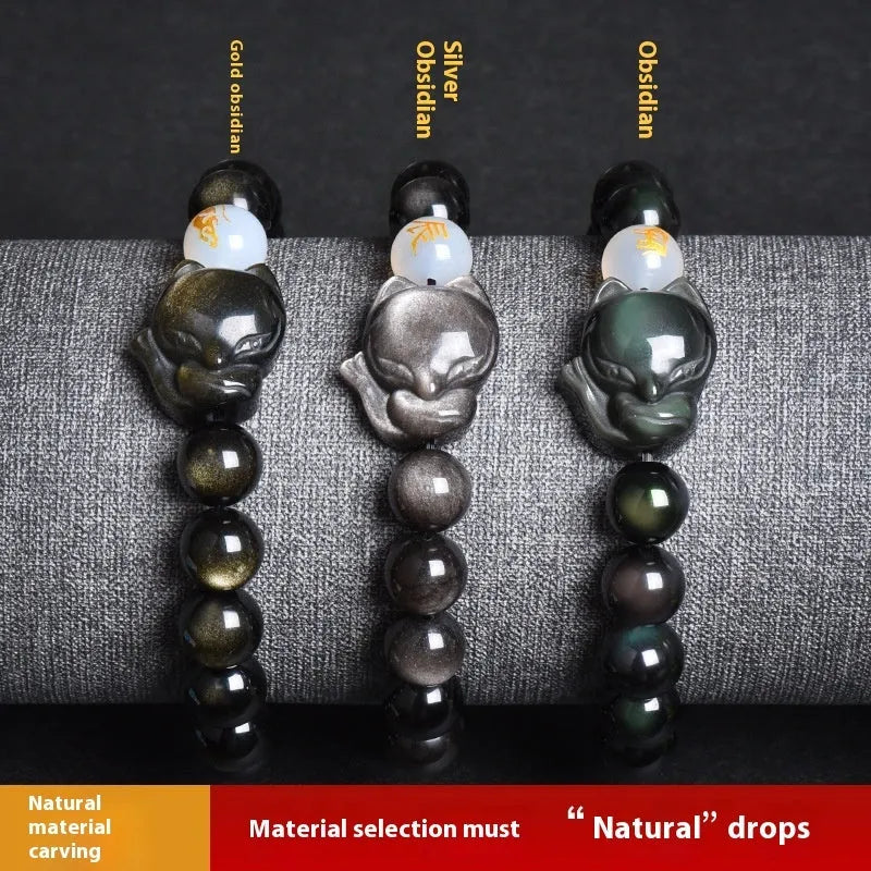 Natural obsidian beaded bracelet with 10mm stones in gold, silver, or black style.