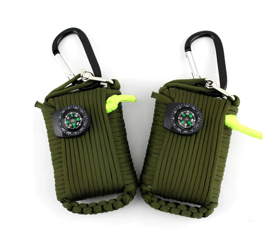 Hand-woven camping survival kit with 10.5m rope containing 25 tools including compass and medical supplies