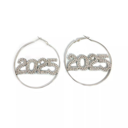 2025 Rhinestone Ring Earrings in silver and gold, perfect for New Year celebrations