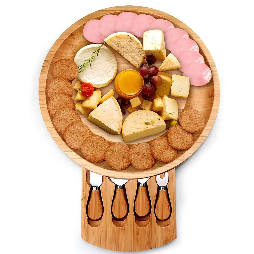 Round bamboo cheese board 25cm with knife on wooden table