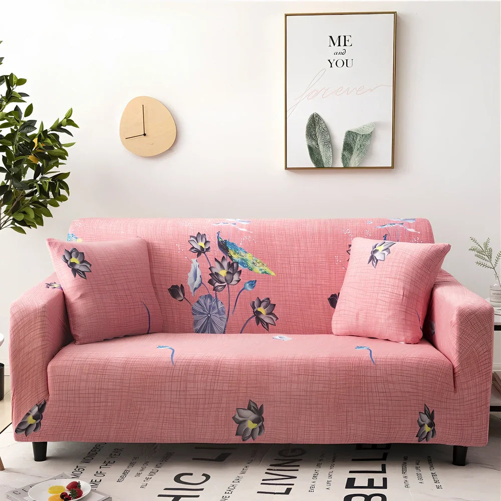 Elastic sofa cover with stripe pattern stretched over 3-seat sofa in living room setting