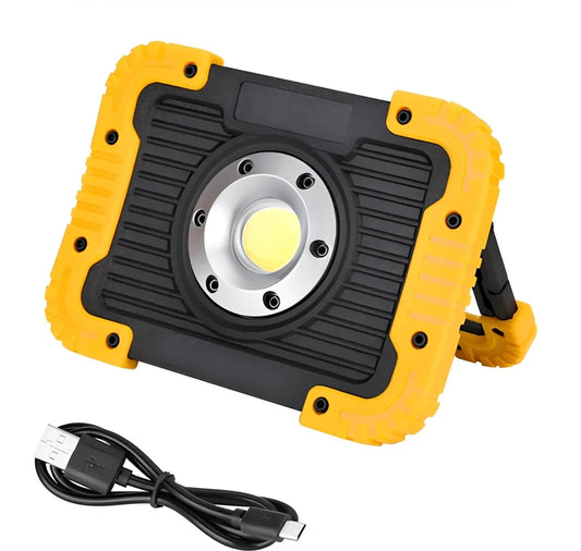 LED camping lantern with rotatable support showing USB ports and battery indicator lights