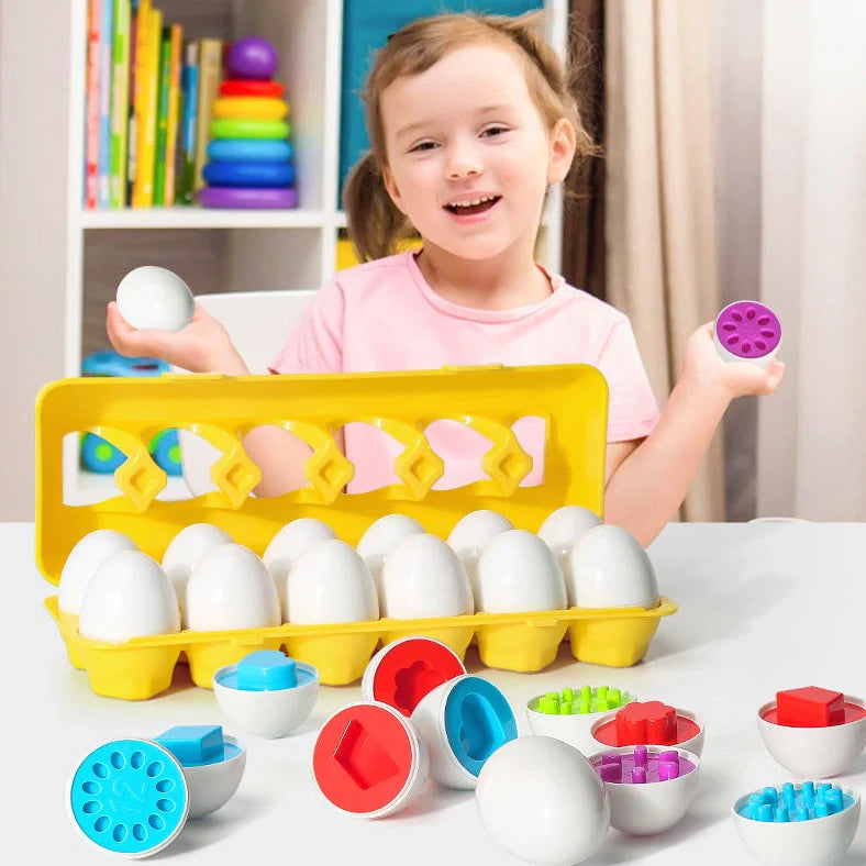 Educational shape matching egg toy with 12 colourful plastic eggs in storage case