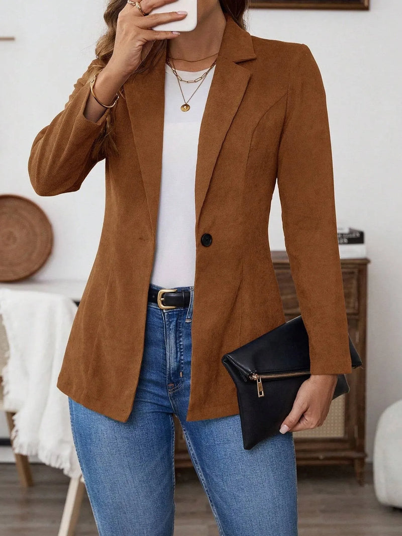 Lapel long sleeve single-breasted leisure suit coat in brown, made from 97% polyester and 3% elastane blend for flexibility and easy care, available in sizes S, M, L, and XL.