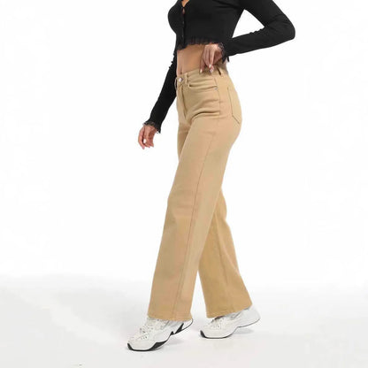Women's autumn straight jeans in apricot colour showing high waist design and wide leg cut on mannequin