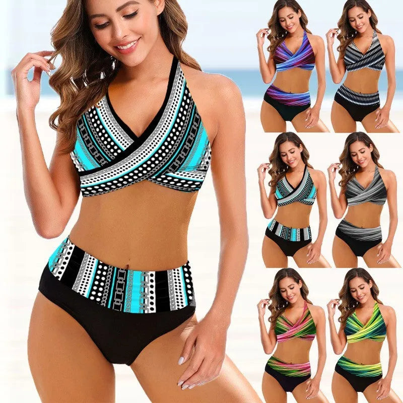 European American ladies split bikini with striped tie-dye pattern and hollow design for swimming
