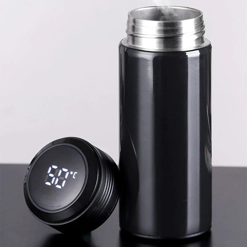Premium insulated tumbler with digital temperature display, made of durable stainless steel, silicone, and glass materials