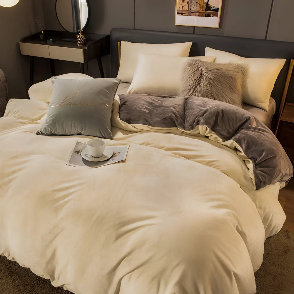 Coral velvet flannel bed sheet set in light grey and deep grey colour combination on double bed