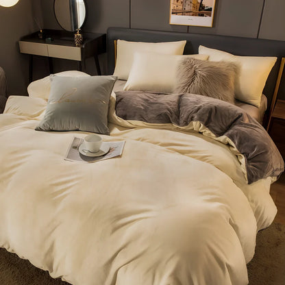 Coral velvet flannel bed sheet set in light grey and deep grey colour combination on double bed