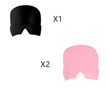 Black elastic gel headache relief mask laid flat showing eye contours and adjustable headband.