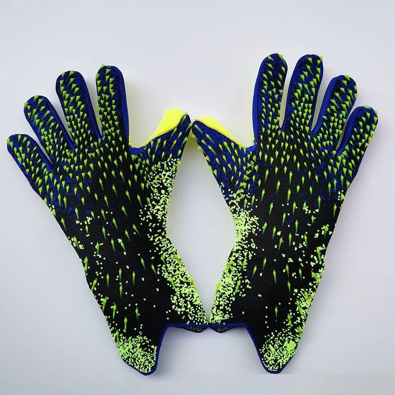 Kids Football Goalkeeper Gloves in red, green, black, and orange colors, sizes 6-10