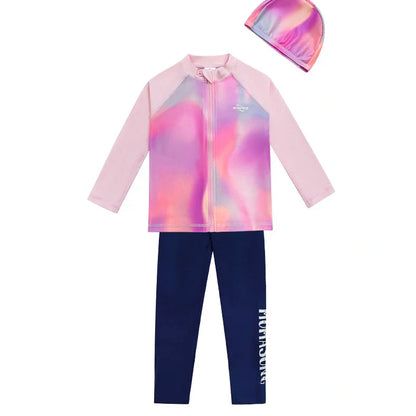 Girls' long sleeve swimsuit with split skirt in gradually varied pink colour, showing complete arm coverage and skirt design