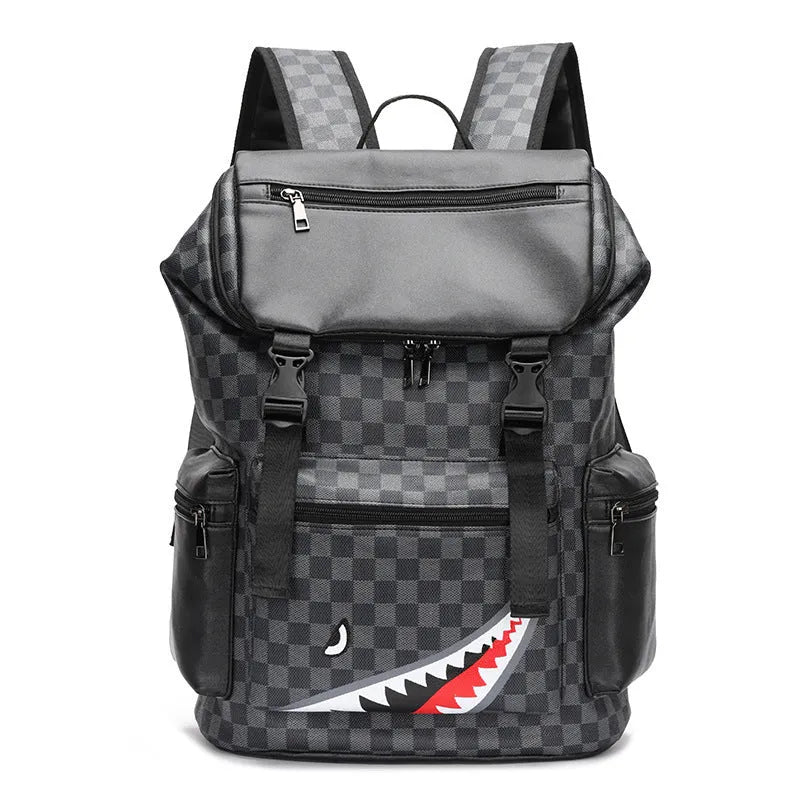 Korean casual checkered printed large capacity backpack in black colour