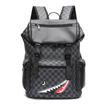 Korean casual checkered printed large capacity backpack in black colour