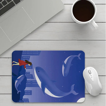 Customisable thick cartoon mouse pad with non-slip base, showing sample patterns like strawberry, cat, and whale designs.