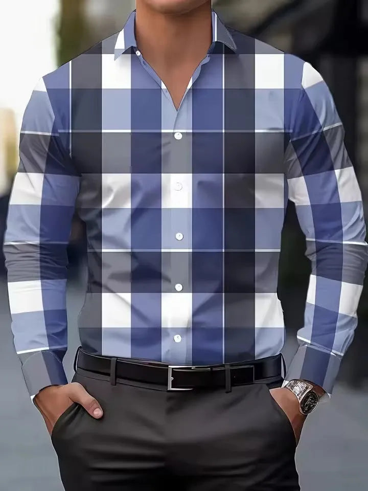 Men's striped long sleeve button-up shirt in polyester available in multiple colours and sizes