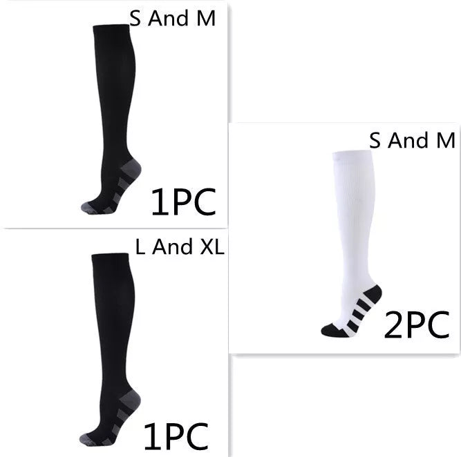 Athletic compression socks with three-bar design in black, pink, and white