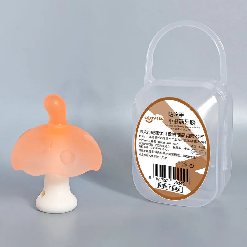 Small mushroom gum in mushroom pink or nano colour with transparent box and optional chain for chewable aid