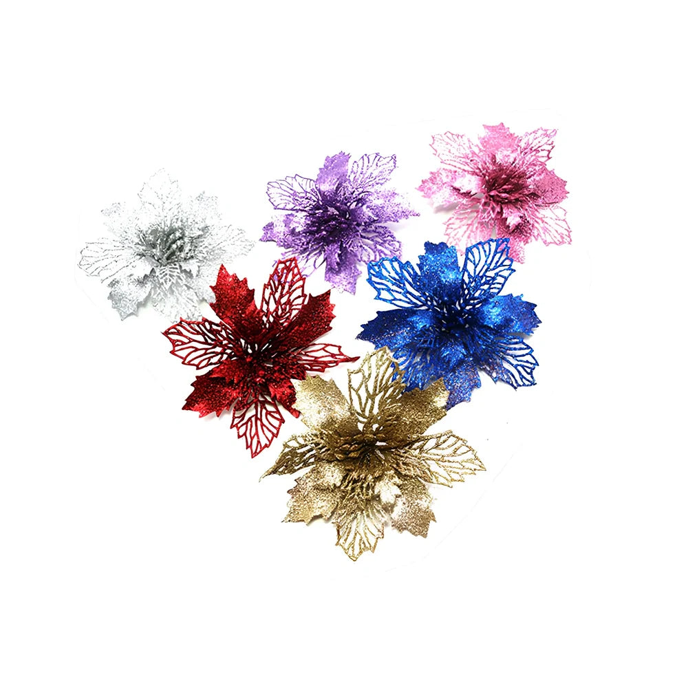 Glitter artificial Christmas flowers measuring 11cm with sparkling coating in various colour options