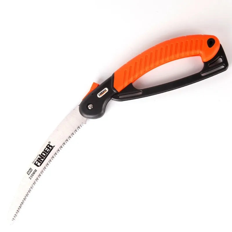 230mm folding garden saw with TPR grip, shown open and closed, for pruning branches up to 10cm thick