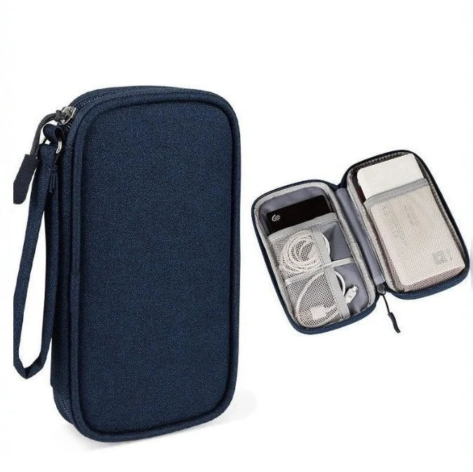 Light grey portable buggy bag for cable storage measuring 19x11x3cm with handbag-type shape