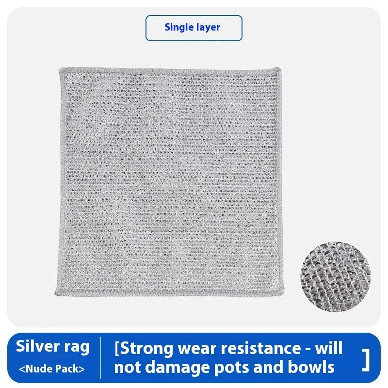 Silver silk rag with steel wire core for cleaning pots and bowls, double-sided design, 20x20cm or 25x25cm size