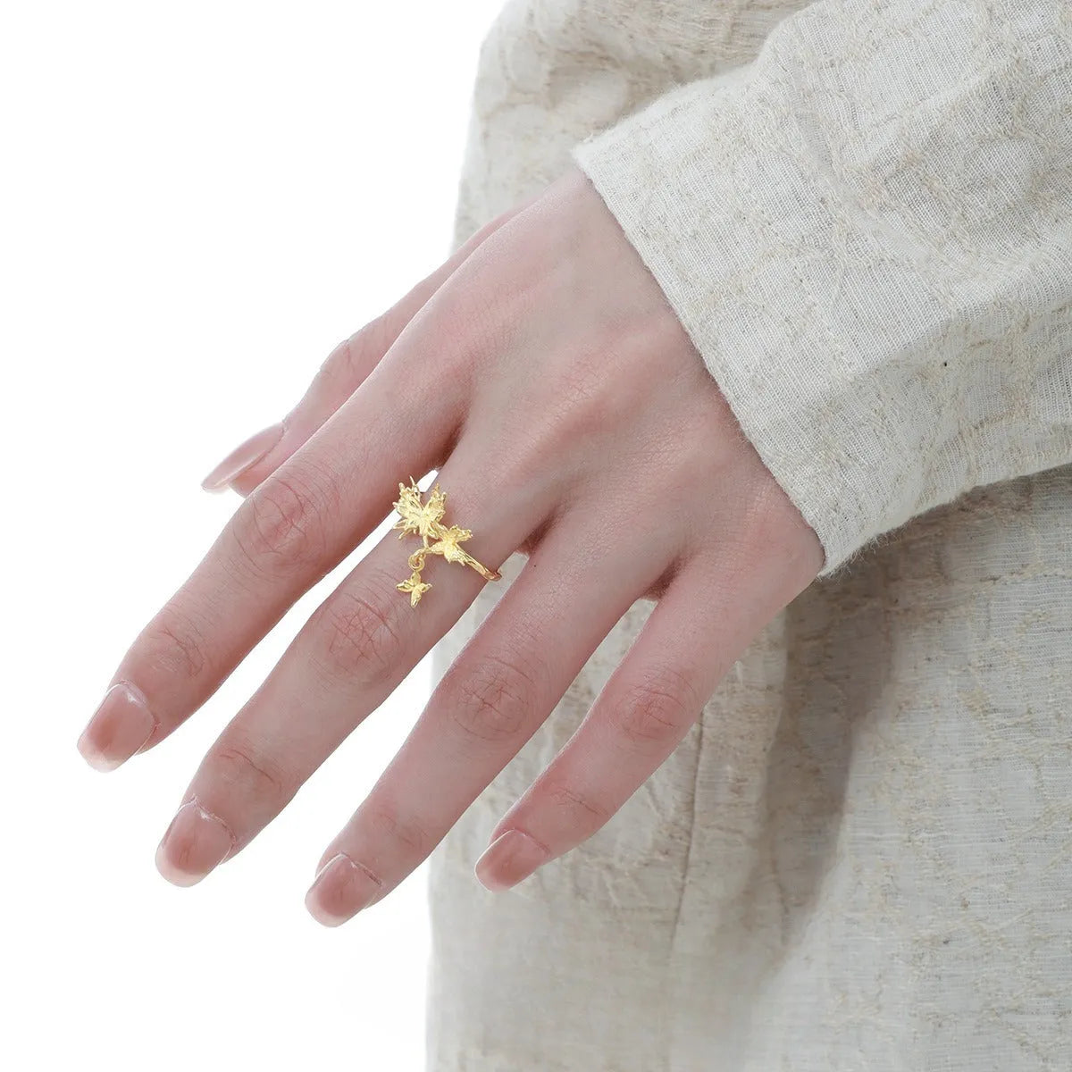 Original design wild butterfly silver ring with adjustable opening, shown in white gold and 18K gold colour options.