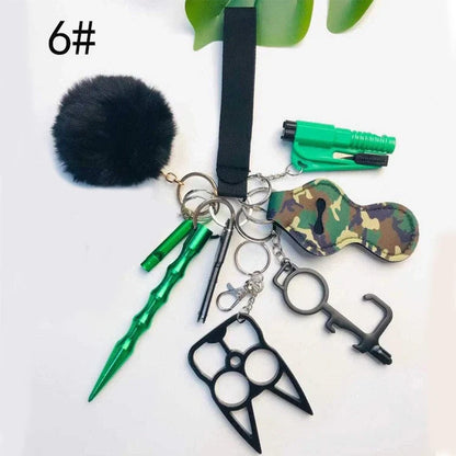 Self-defense keychain set for women with 11 safety tools including alarm and window breaker
