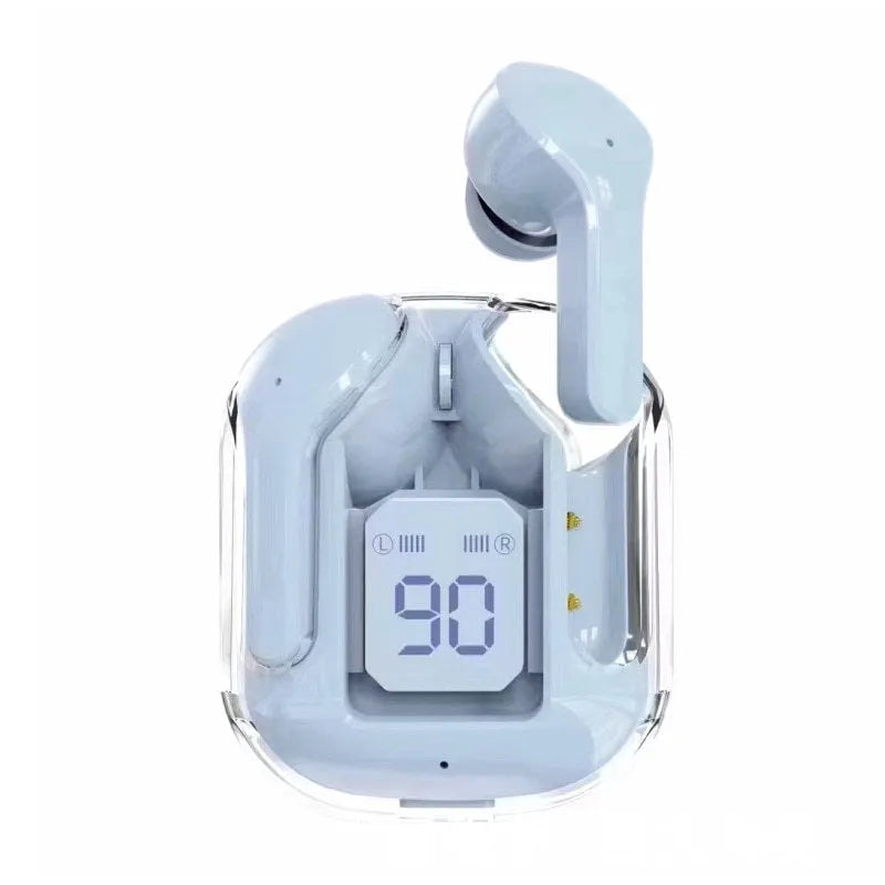 Transparent capsule case containing true wireless Bluetooth earbuds in light blue, showing digital display.