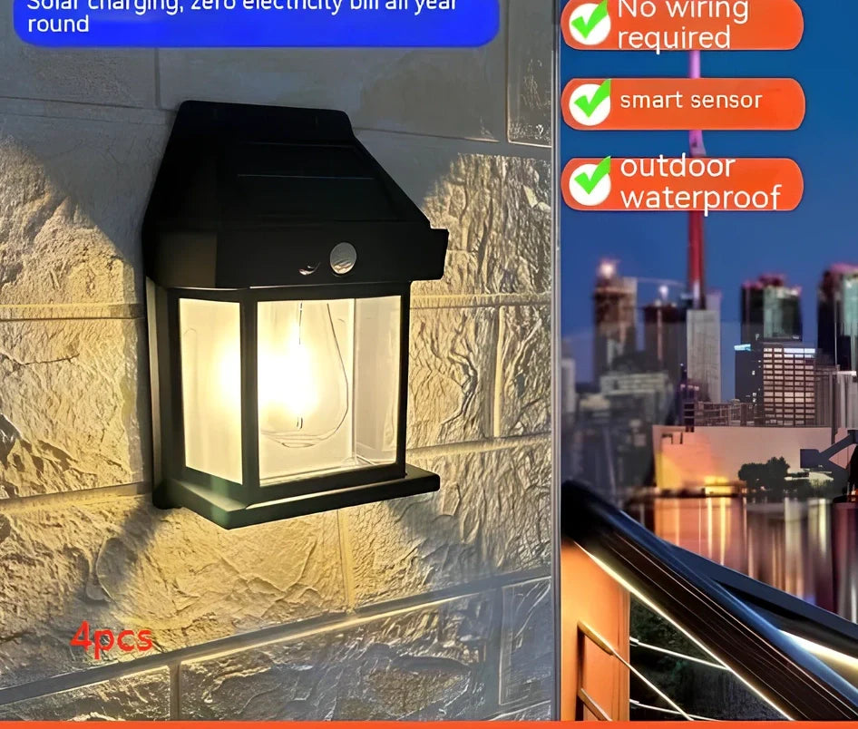 Black solar garden wall lamp with waterproof IP65 rating and automatic light sensor for outdoor installation