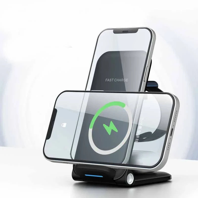 Sleek 3-in-1 wireless charging station with adjustable stand and foldable design for convenient desktop charging