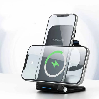 Sleek 3-in-1 wireless charging station with adjustable stand and foldable design for convenient desktop charging