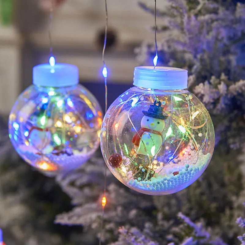 Christmas curtain light set with 10 fairy ball lamps showing snowman, wishing ball and Christmas tree designs
