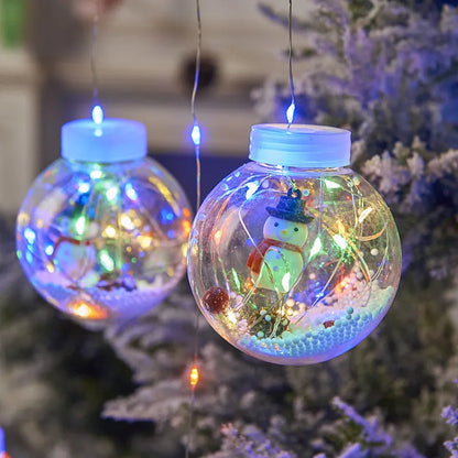 Christmas curtain light set with 10 fairy ball lamps showing snowman, wishing ball and Christmas tree designs