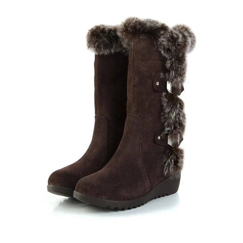 Women's mid-calf winter snow boots in black or light brown with faux fur lining and slip-on design