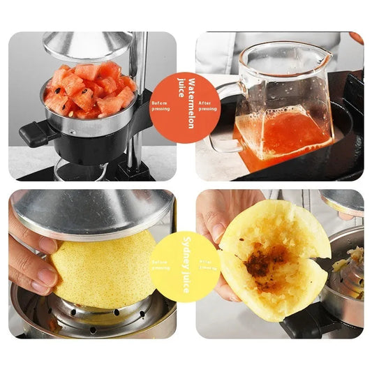 Black manual cast iron juicer with stainless steel strainer, 40cm height, on kitchen counter