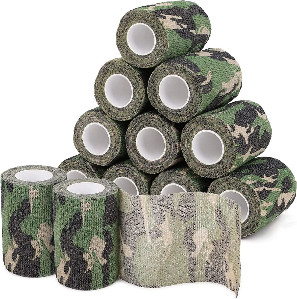 Roll of non-woven elastic camouflage bandage tape in a forest pattern, 4.5 metres long and 5cm wide.