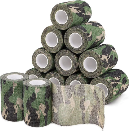Roll of non-woven elastic camouflage bandage tape in a forest pattern, 4.5 metres long and 5cm wide.