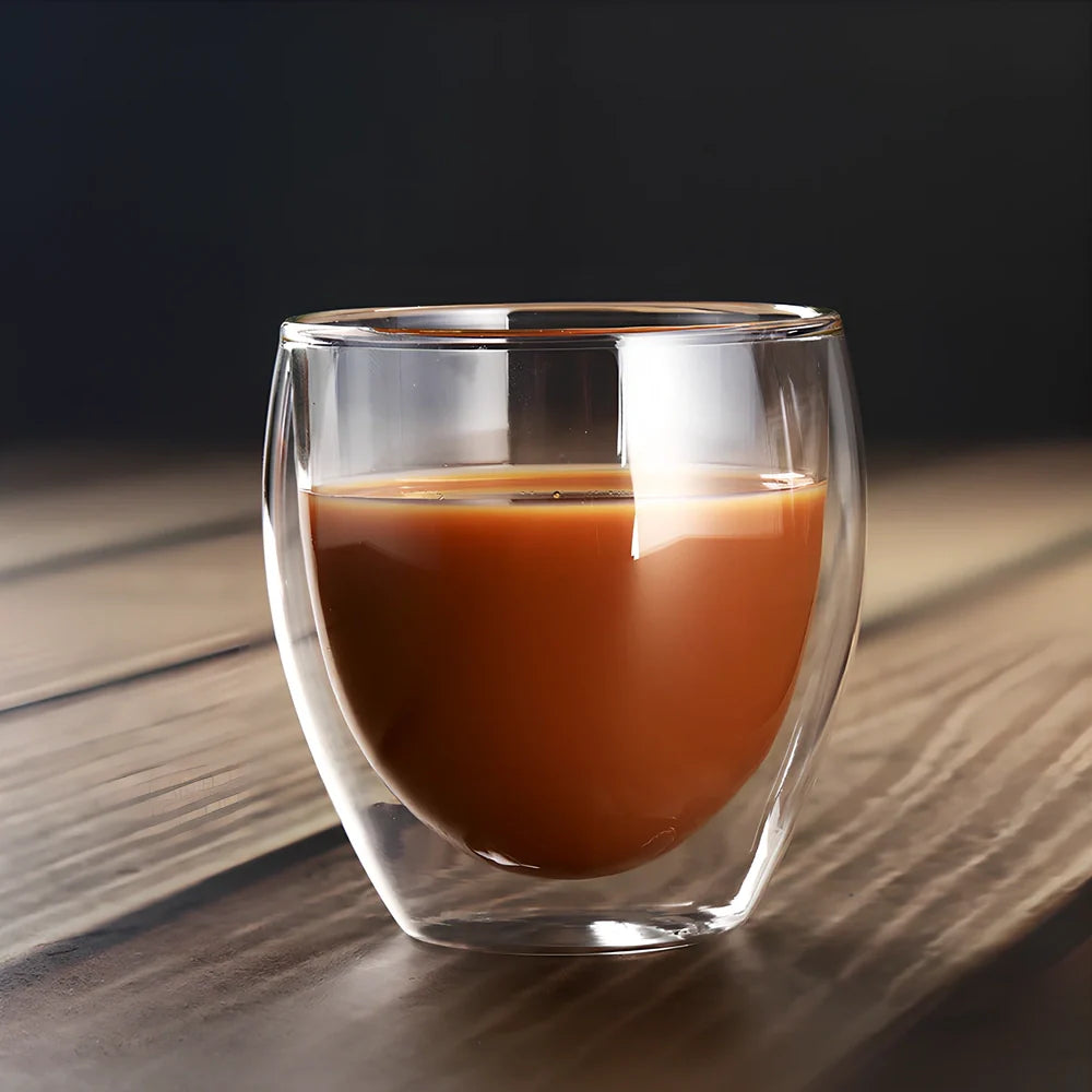 Clear double-layer glass coffee cup with Chinese-style design showing insulating air gap between walls