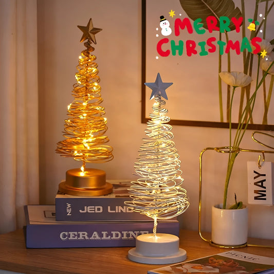 Wrought iron Christmas tree LED table light with battery operation and warm white illumination