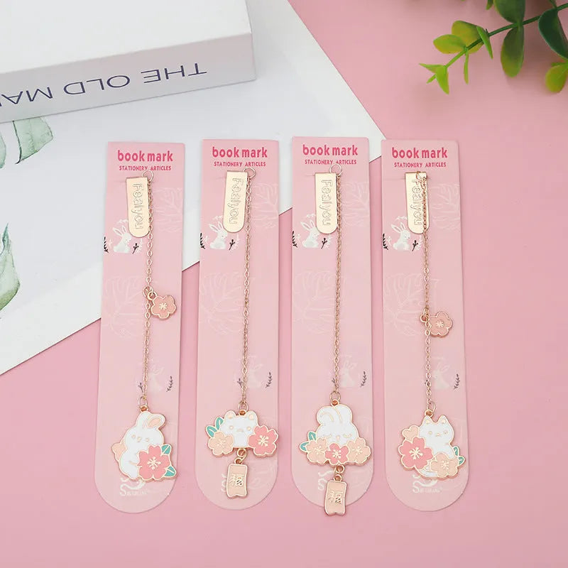 Metal bookmark pendant with cherry blossom cartoon cat design for journal decoration