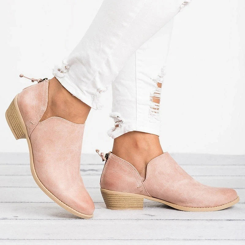 Stylish women's retro high heel ankle boots for autumn in pink, black, and beige