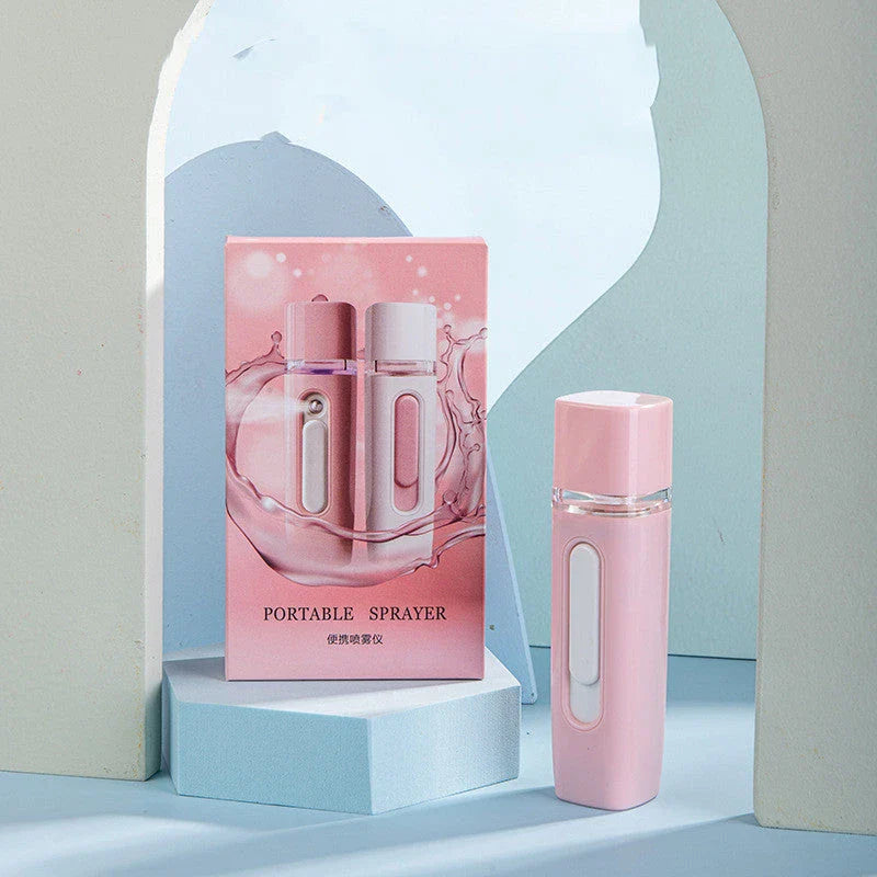 Portable facial mister with rechargeable power bank, transforms water into fine mist for skin hydration and rejuvenation