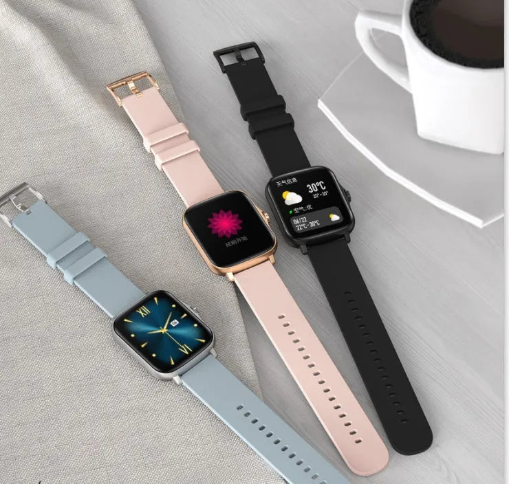 Smart watch with 1.7-inch HD colour touch screen on wrist, showing heart rate data and Bluetooth call interface
